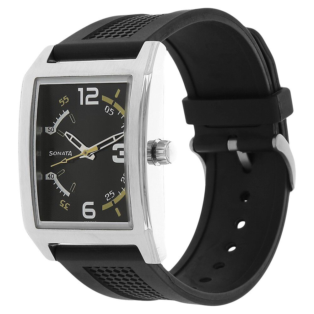 Sonata Quartz Analog Black Dial Plastic Strap Watch for Men