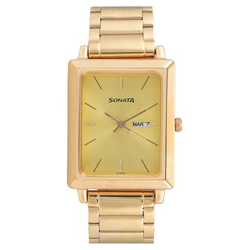 Sonata Quartz Analog with Day and Date Champagne Dial Stainless Steel Strap Watch for Men