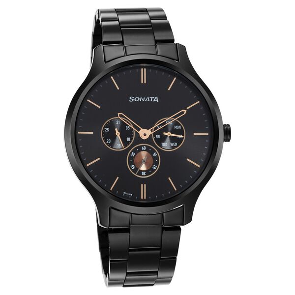 Sonata Quartz Multifunction Black Dial Stainless Steel Strap Watch for Men - image number 0