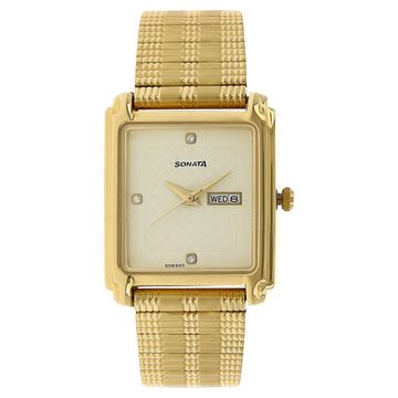 Sonata Quartz Analog with Day and Date Champagne Dial Stainless Steel Strap Watch for Men