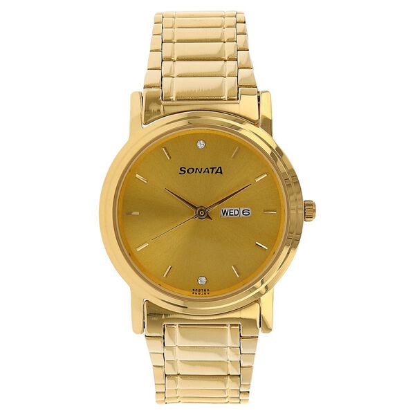 Sonata Quartz Analog with Day and Date Champagne Dial Stainless Steel Strap Watch for Men - image number 0