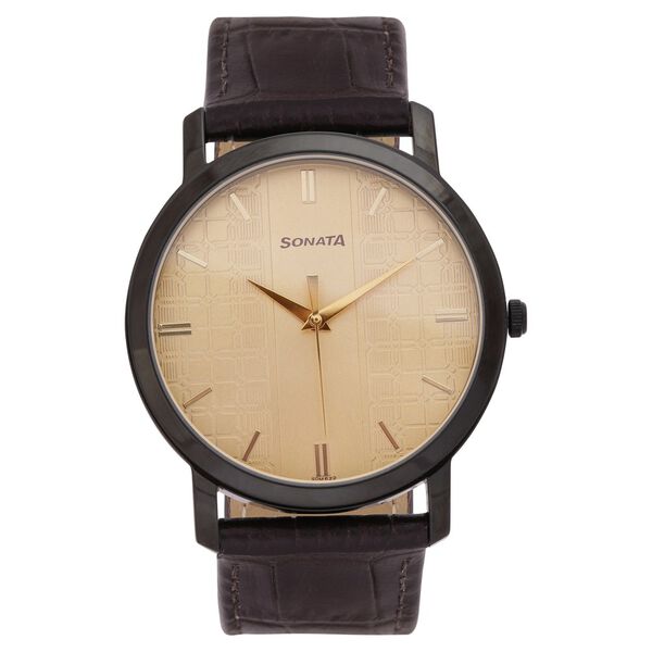 Sonata Quartz Analog Golden Dial Leather Strap Watch for Men - image number 1
