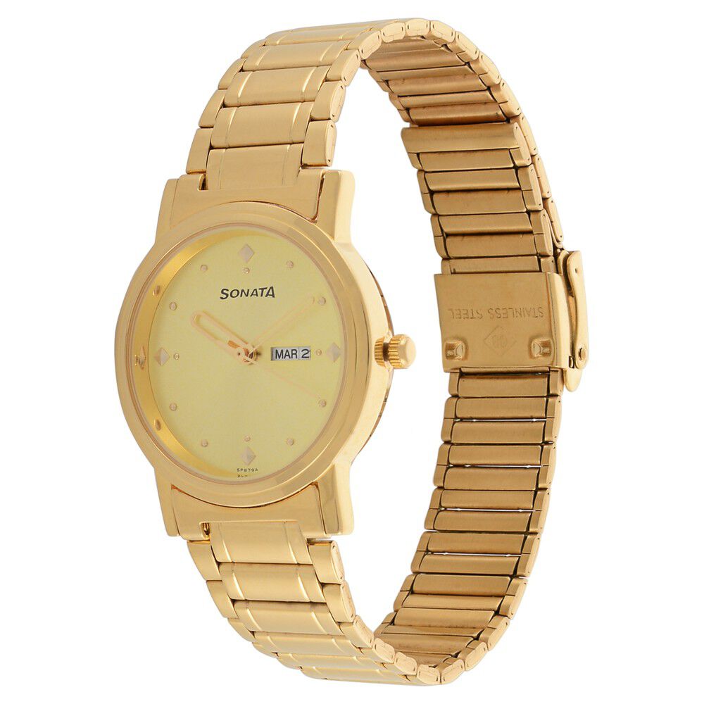 Buy Online Sonata Quartz Analog Champagne Dial Metal Strap Watch for Men np1141ym13 Sonata