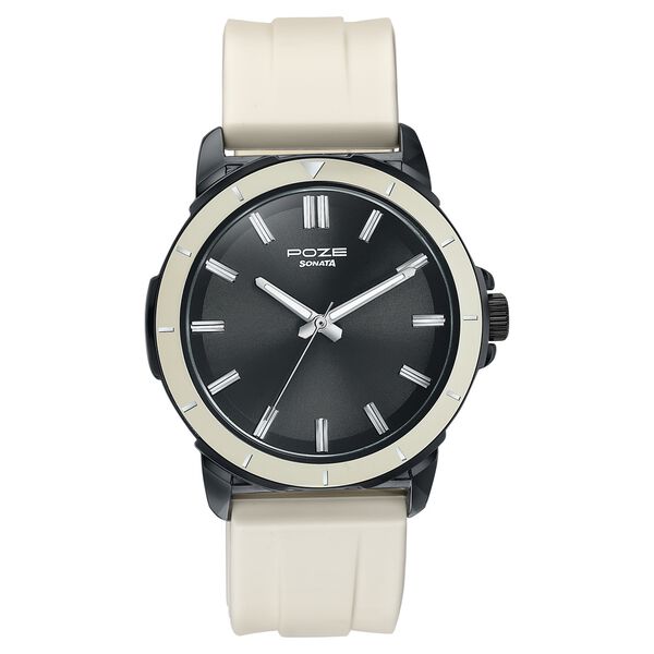 Sonata Poze Quartz Analog Black Dial Beige Silicone Strap Watch For Men - image number 1