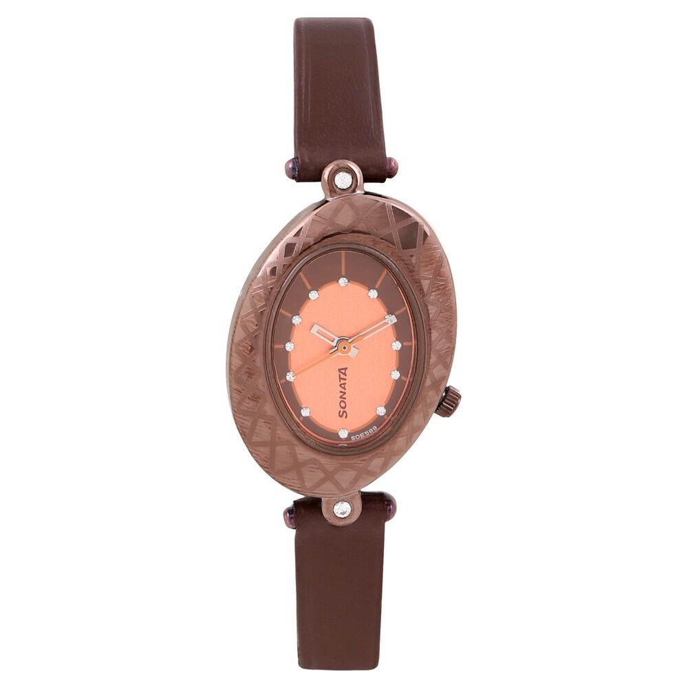 Buy Online Sonata Quartz Analog Peach Dial Leather Strap Watch for
