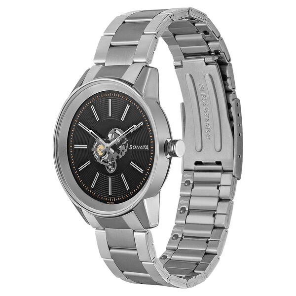 Sonata Quartz Multifunction Black Dial Stainless Steel Strap Watch for Men - image number 1