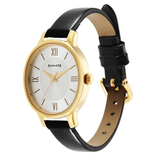 Sonata Classic Gold Silver Dial Leather Strap Watch for Women - image number 1