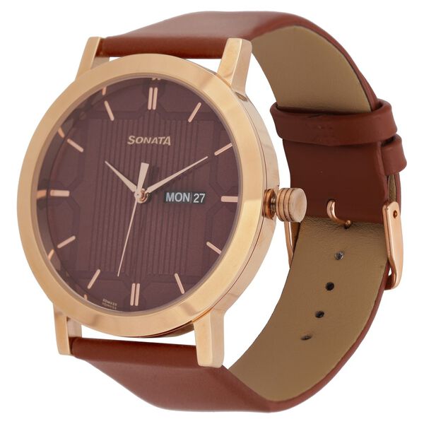 Sonata Quartz Analog with Day and Date Brown Dial Leather Strap Watch for Men - image number 2