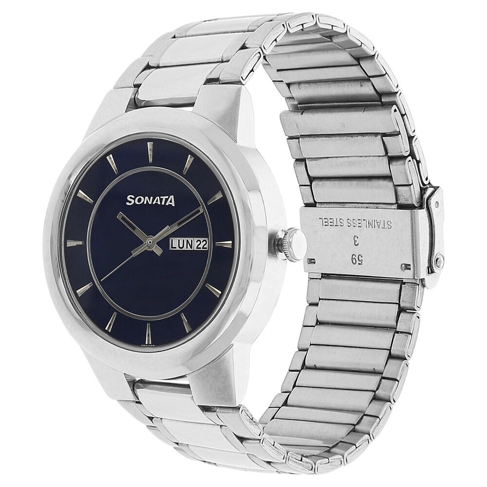 Buy Online Sonata Quartz Analog with Day and Date Blue Dial Stainless Steel Strap Watch for Men nk7121sm02 Sonata