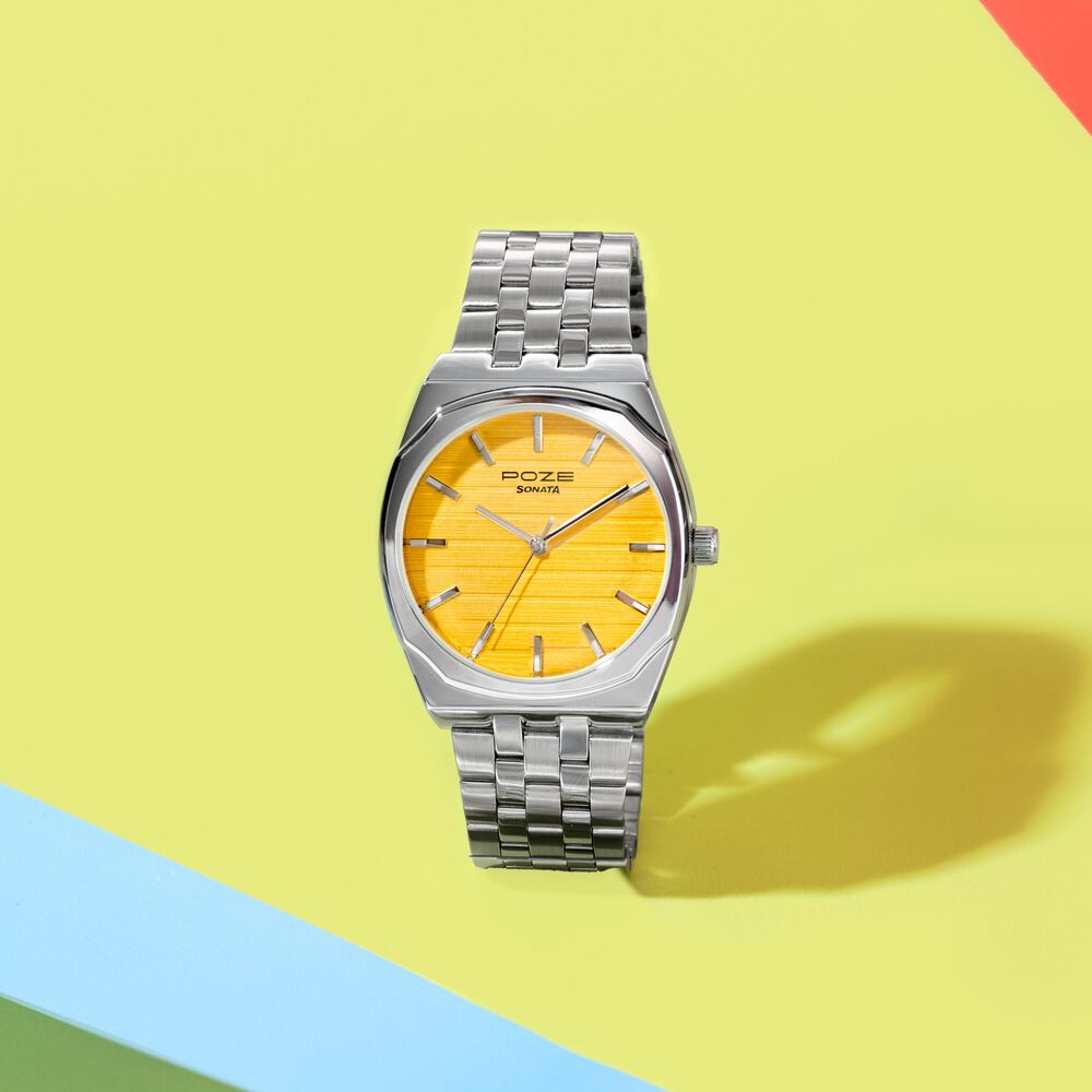 Sonata Poze Quartz Analog Yellow Dial Silver Colour Stainless Steel Strap Watch For Men image