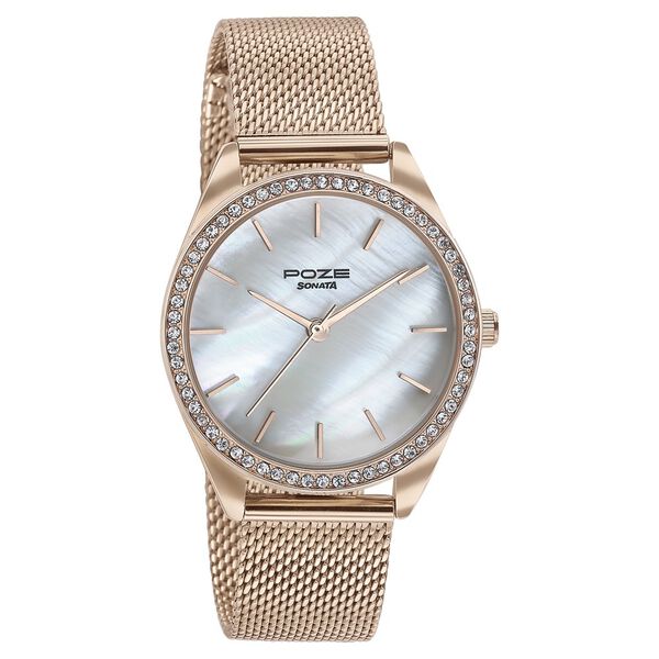 Sonata Poze Quartz Analog Mother of Pearl Dial Rose Gold Color Stainless Steel Strap Watch For Women - image number 2