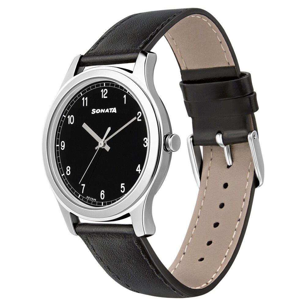 Sonata Quartz Analog Black Dial Leather Strap Watch for Men