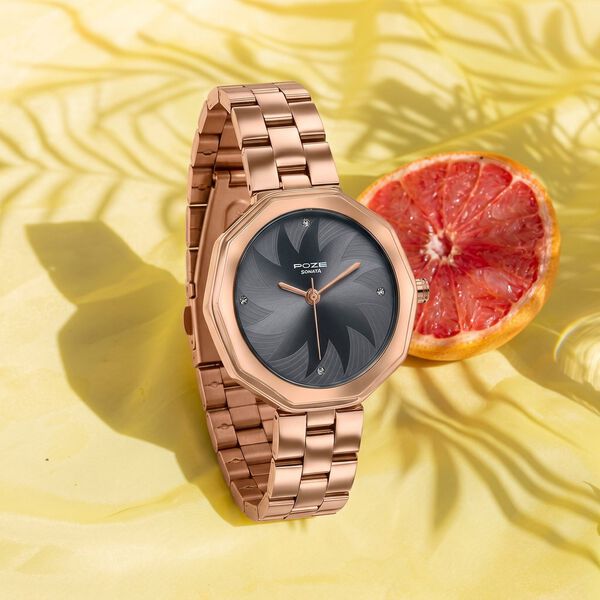 Poze By Sonata Quartz Analog Grey Dial Rose Gold Stainless Steel Strap Watch For Women - image number 0