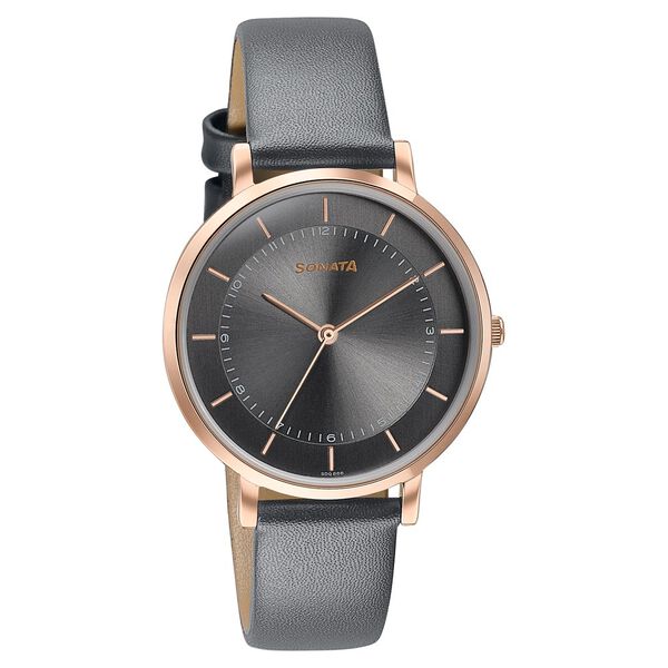 Sonata Modern Edit Quartz Analog Grey Dial Leather Strap Watch For Women - image number 1