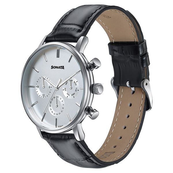Sonata Festive Quartz Multifunction Silver Dial Black Leather Strap Watch For Men - image number 2