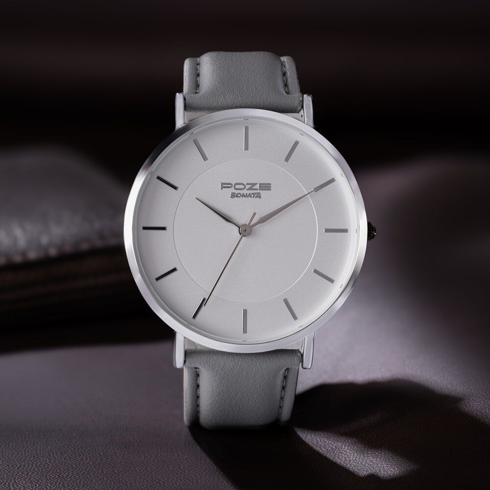 Buy Online Sonata Poze Quartz Analog White Dial Leather Strap Watch for Men sp70027sl01w Sonata