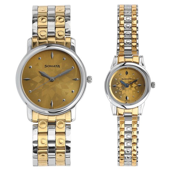 Sonata Quartz Analog Champagne Dial Metal Strap Watch for Couple - image number 0