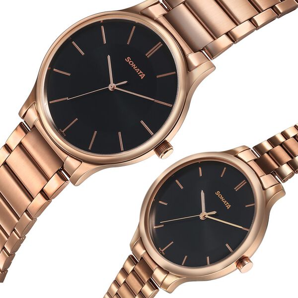 Sonata Pair Quartz Analog Black Dial Stainless Steel Strap Watch for Couple - image number 2