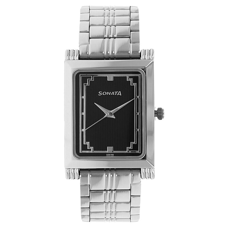Sonata Quartz Analog Black Dial Stainless Steel Strap Watch for Men