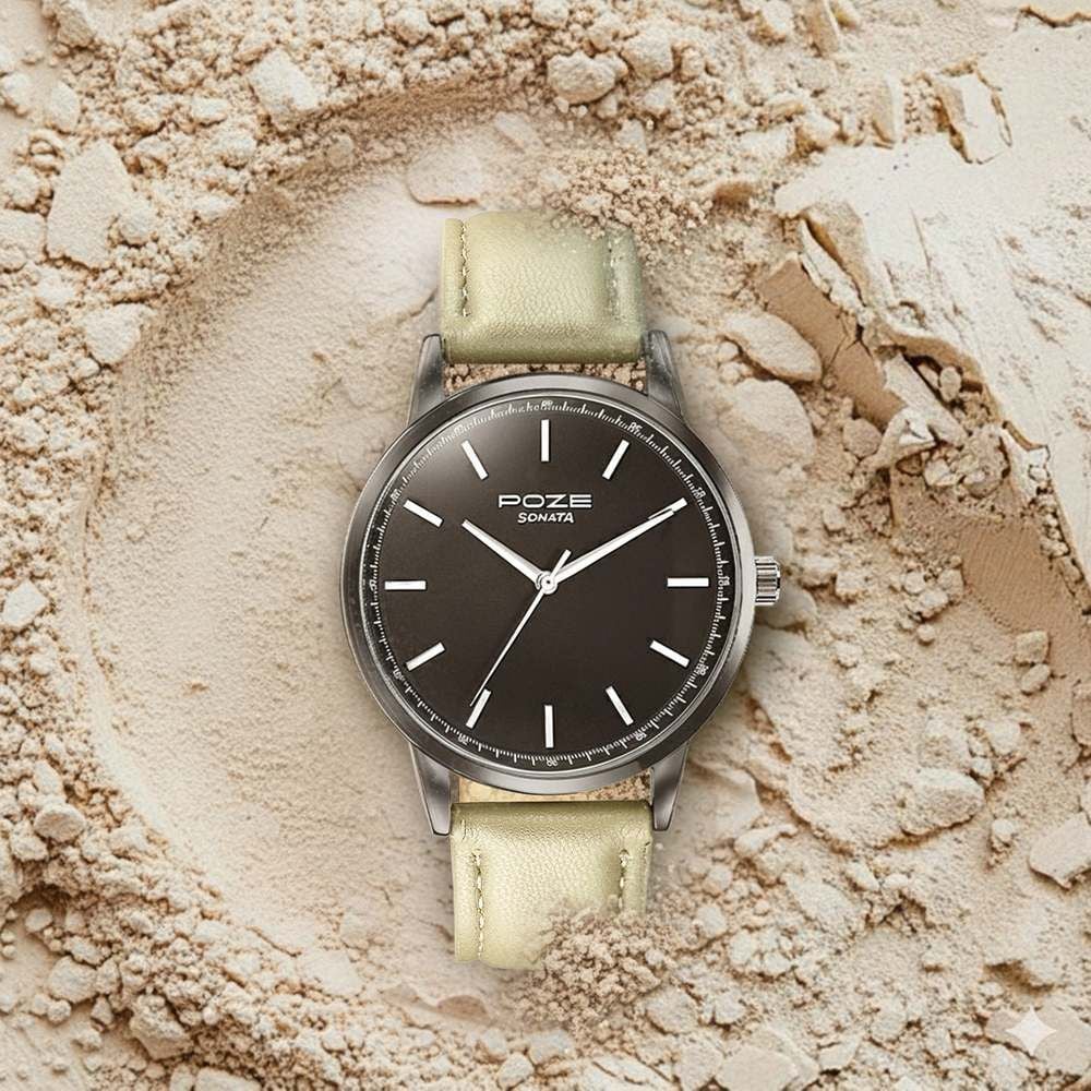 Poze By Sonata Quartz Analog Black Dial Beige Leather Strap Watch For Men-picture-33