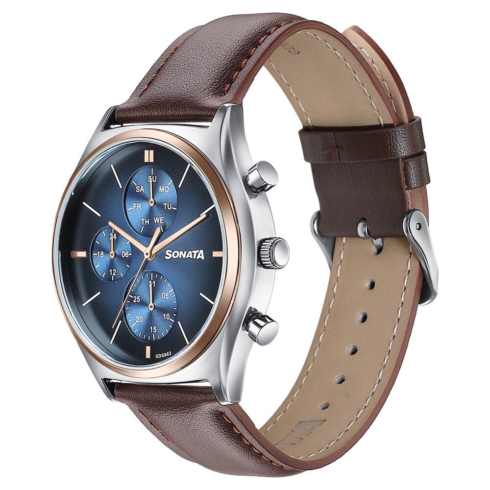 Buy Online Sonata Festive Quartz Multifunction Blue Dial Brown