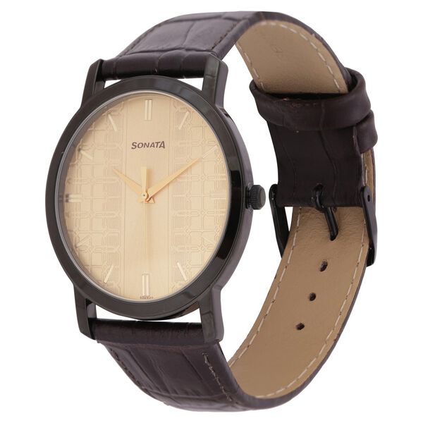 Sonata Quartz Analog Golden Dial Leather Strap Watch for Men - image number 2