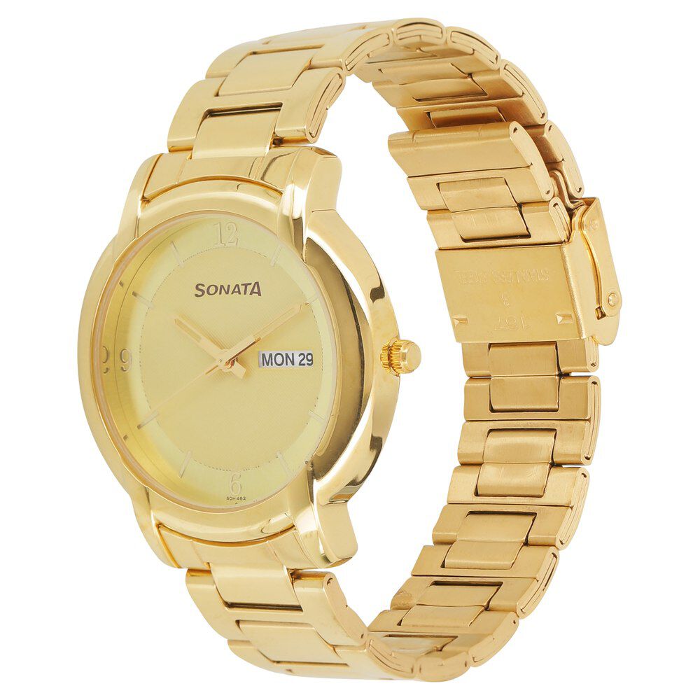 Buy Online Sonata Quartz Analog with Day and Date Champagne Dial Stainless Steel Strap Watch for Men nl7954ym07 Sonata