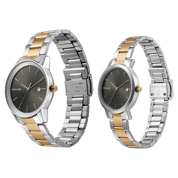 Sonata Quartz Analog with Date Black Dial Metal Strap Watch for Couple - image number 1