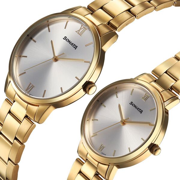 Sonata Perfect Pairs Quartz Analog Silver Dial Golden Metal Strap Watch For Couple - image number 2