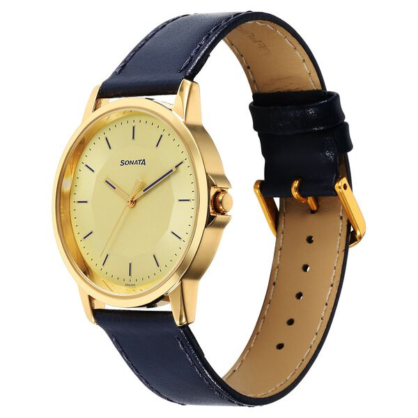 Sonata Traditional Essentials Quartz Analog Champagne Dial Leather Strap Watch for Men - image number 1