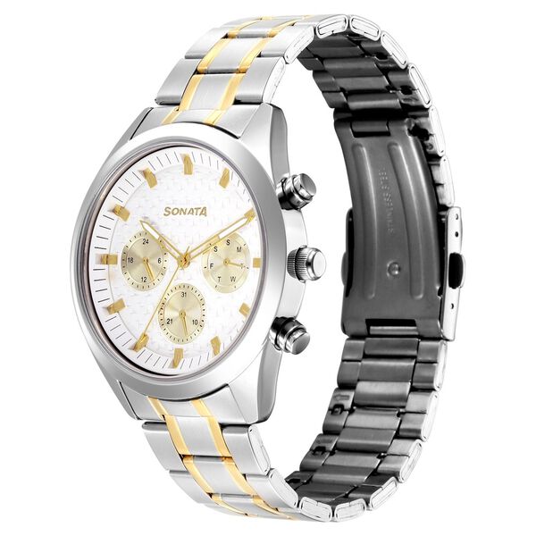 Sonata Summit Quartz Multifunction White Dial Two Toned Metal Strap Watch For Men - image number 2