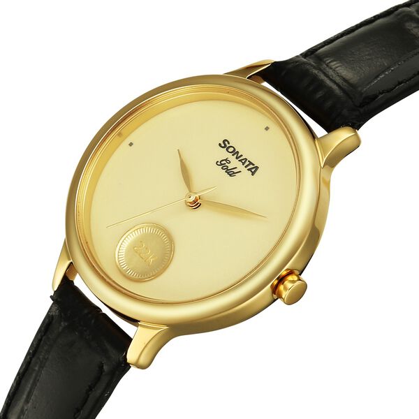 Sonata Sonata Gold Quartz Analog Champagne With Gold Coin Dial Black Leather Strap Watch For Women - image number 4