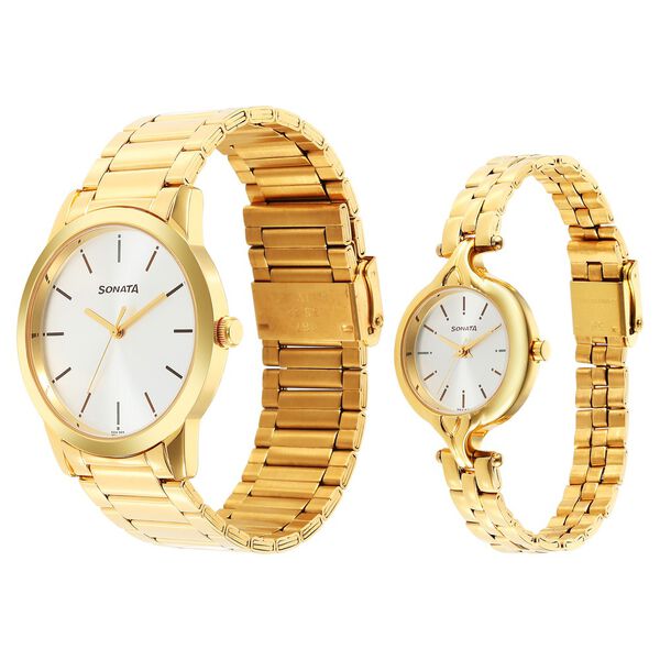 Sonata Quartz Analog Silver Dial Stainless Steel Strap Watch for Couple - image number 1