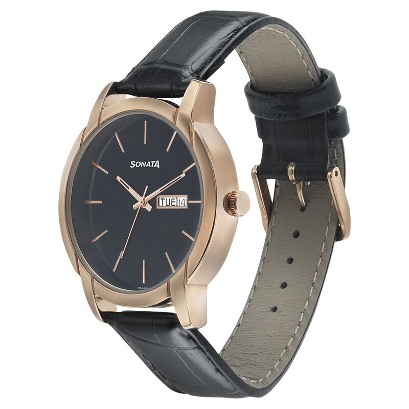 Sonata Beyond Gold Quartz Analog with Day and Date Black Dial Leather Strap Watch for Men - image number 1