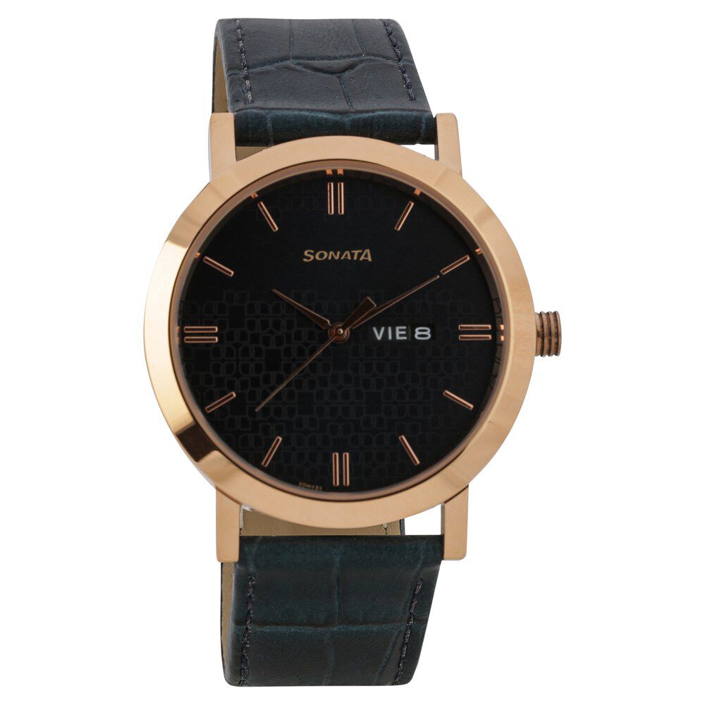 Buy Online Sonata Quartz Analog with Day and Date Green Dial Leather Strap Watch for Men 77108wl03 p Sonata