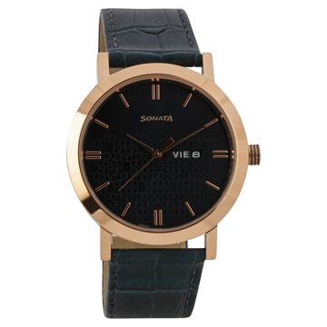 Sonata Quartz Analog with Day and Date Green Dial Leather Strap Watch for Men