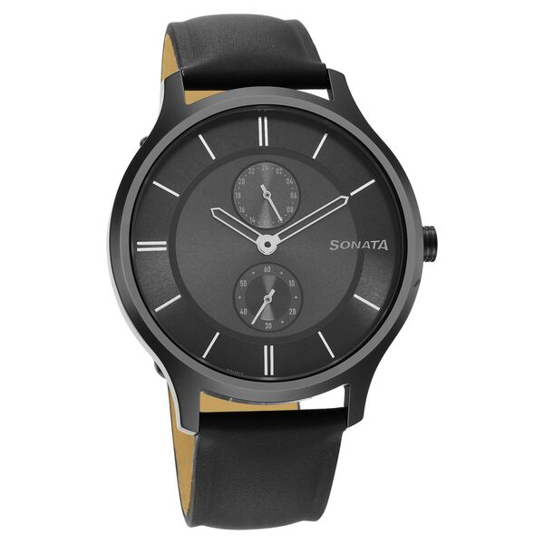 Sonata Quartz Multifunction Grey Dial Leather Strap Watch for Men - image number 0