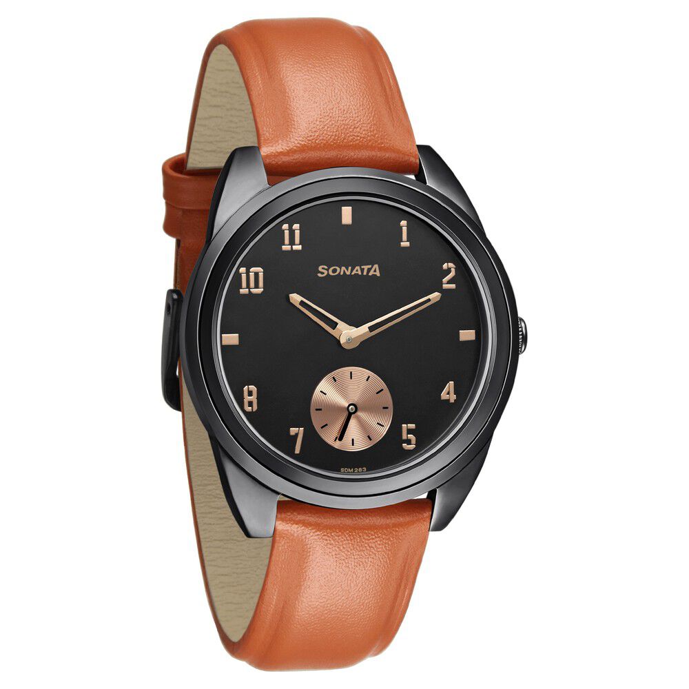 Buy Online Sonata Women of Steel Black Dial Leather Strap Watch for Women 8182nl01 Sonata
