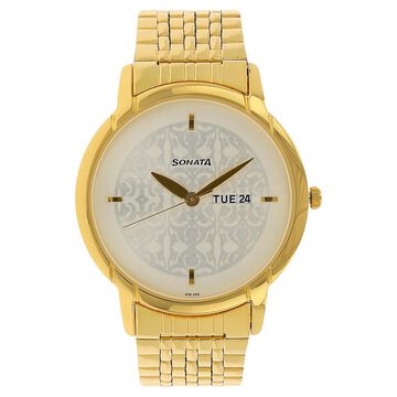 Sonata Quartz Analog with Day and Date Silver Dial Golden Stainless Steel Strap Watch For Men