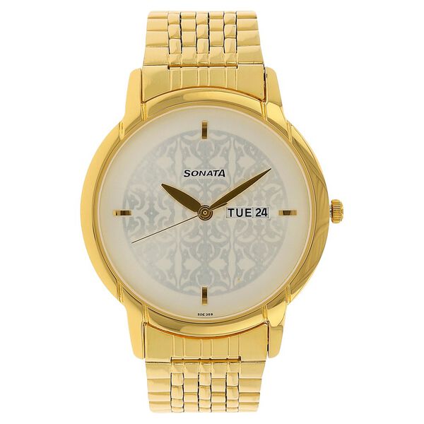 Sonata Quartz Analog with Day and Date Silver Dial Golden Stainless Steel Strap Watch For Men - image number 0
