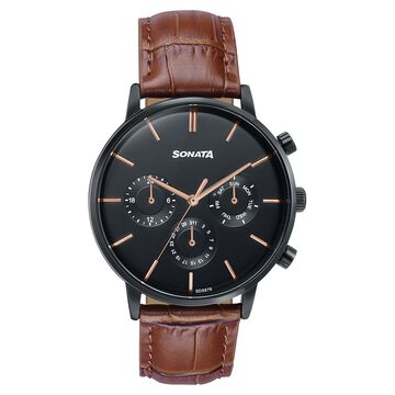 Sonata Festive Quartz Multifunction Black Dial Brown Leather Strap Watch For Men