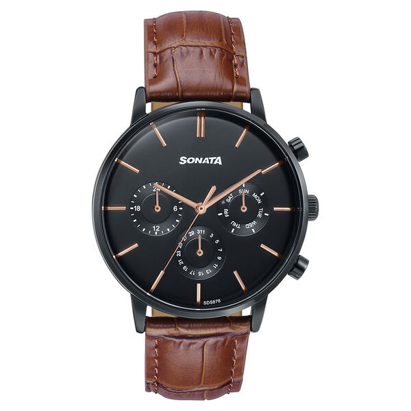 Sonata Festive Quartz Multifunction Black Dial Brown Leather Strap Watch For Men - image number 0