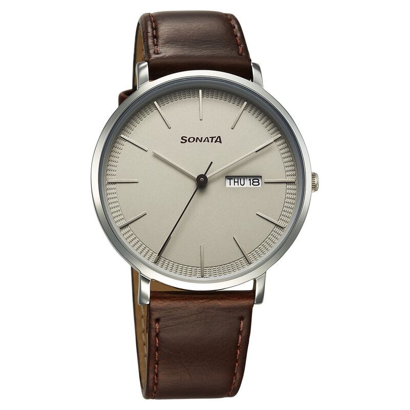 Sonata Ascent Quartz Analog with Day and Date Grey Dial Leather Strap Watch  For Men