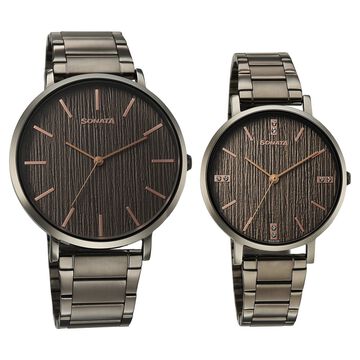 Sonata Soulmate Quartz Analog Grey Dial Grey Stainless Steel Strap Watch For Couple