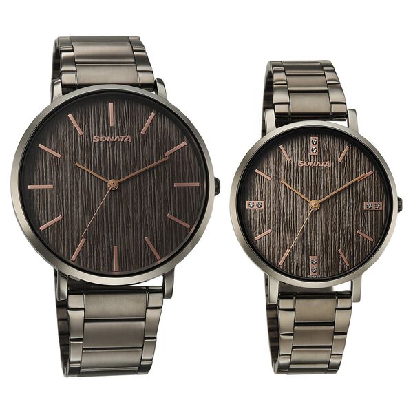 Sonata Soulmate Quartz Analog Grey Dial Grey Stainless Steel Strap Watch For Couple - image number 0