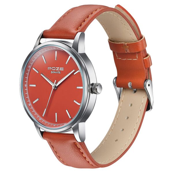 Poze By Sonata Quartz Analog Orange Dial Orange Leather Strap Watch For Men - image number 4