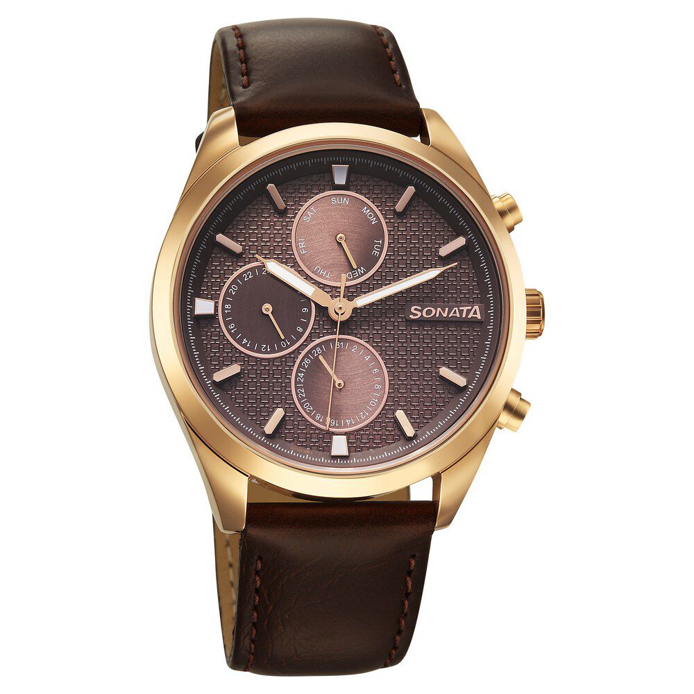 Buy Online Sonata Magna Quartz Multifunction Brown Dial Rose Gold