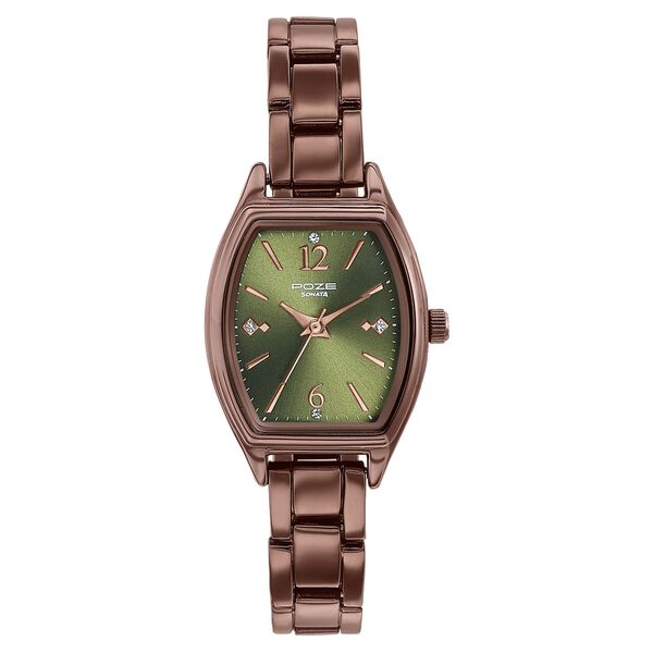 Poze By Sonata Quartz Analog Green Dial Brown Metal Strap Watch For Women - image number 1