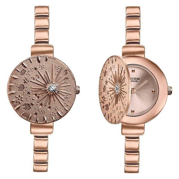 Poze Poze Quartz Analog Pink Dial Rose Gold Metal Strap Watch For Women - image number 1