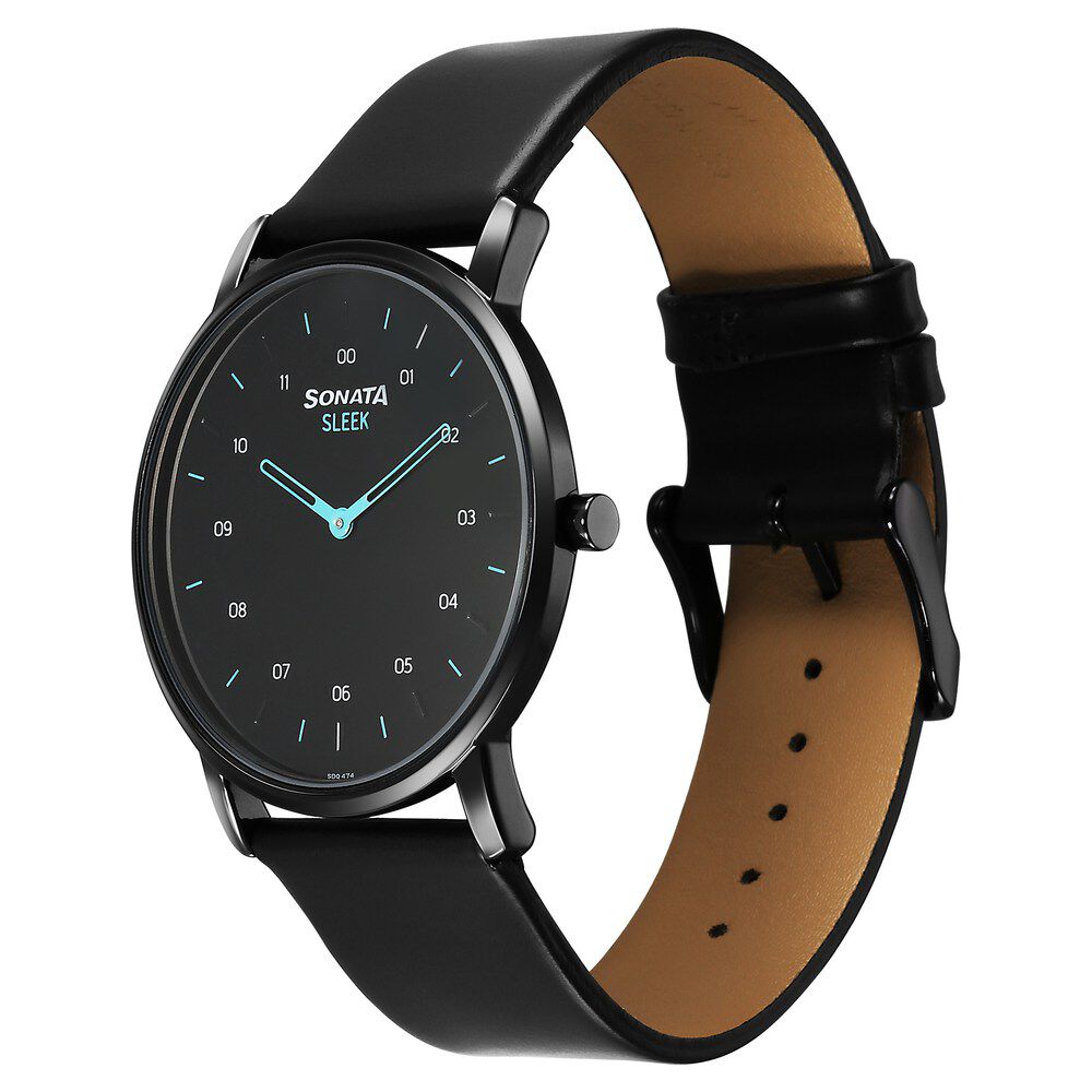 Buy Online Sonata Sleek Quartz Analog Black Dial Black Leather